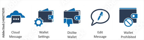 A set of 5 Business icons as cloud message, wallet settings, dislike wallet