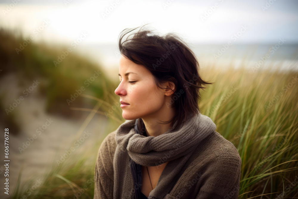Portrait of a young woman with closed eyes on the beach. Portrait of a young woman with closed eyes on the beach.