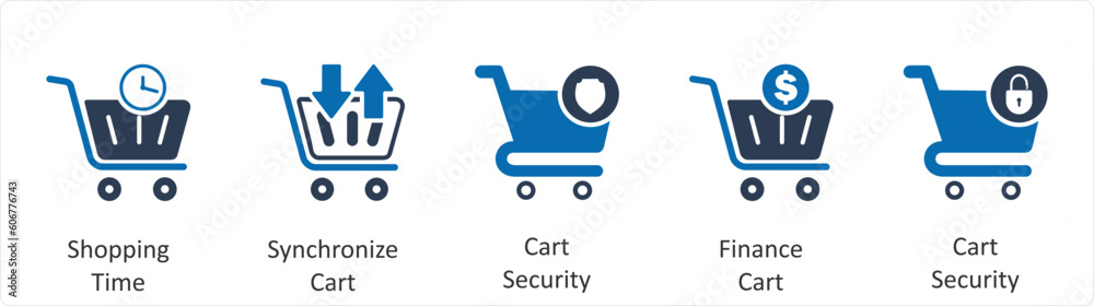 A set of 5 Business icons as shopping time, synchronize cart, cart security A set of 5 Business icons as shopping time, synchronize cart, cart security