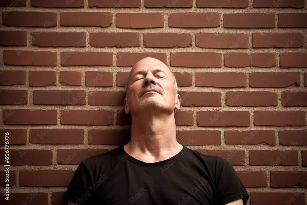 Portrait of a man in a black t-shirt against a brick wall Portrait of a man in a black t-shirt against a brick wall