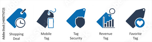 A set of 5 Business icons as shopping deal, mobile tag, tag security