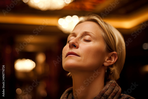 Portrait of a young woman with closed eyes in a cafe.