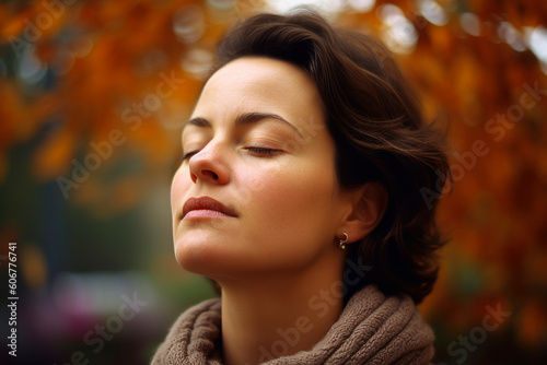 Portrait of a young beautiful woman with closed eyes in autumn park