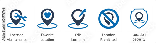 A set of 5 Business icons as location maintenance  favorite location  edit location