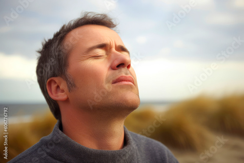 Medium shot portrait photography of a man in his 40s practicing mindfulness sophrology relaxation & stress-reduction wearing a cozy sweater against a summer landscape or beach background