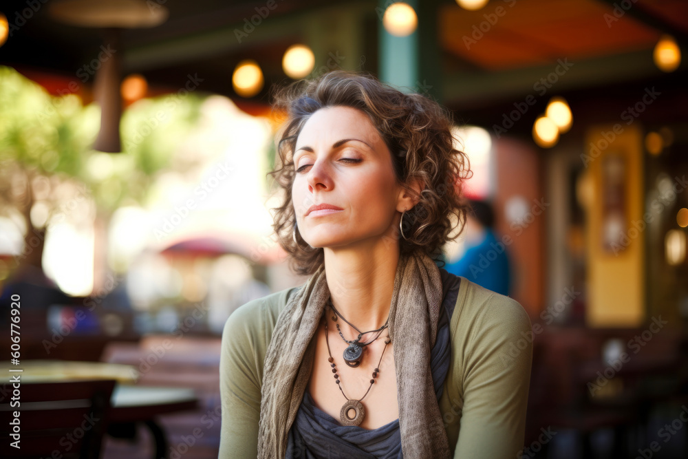 Obraz premium Portrait of a beautiful young woman sitting in a cafe on a sunny day
