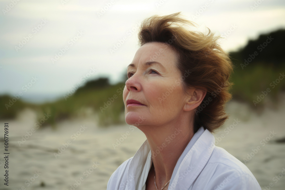 Mature woman in white shirt on the beach, looking away.