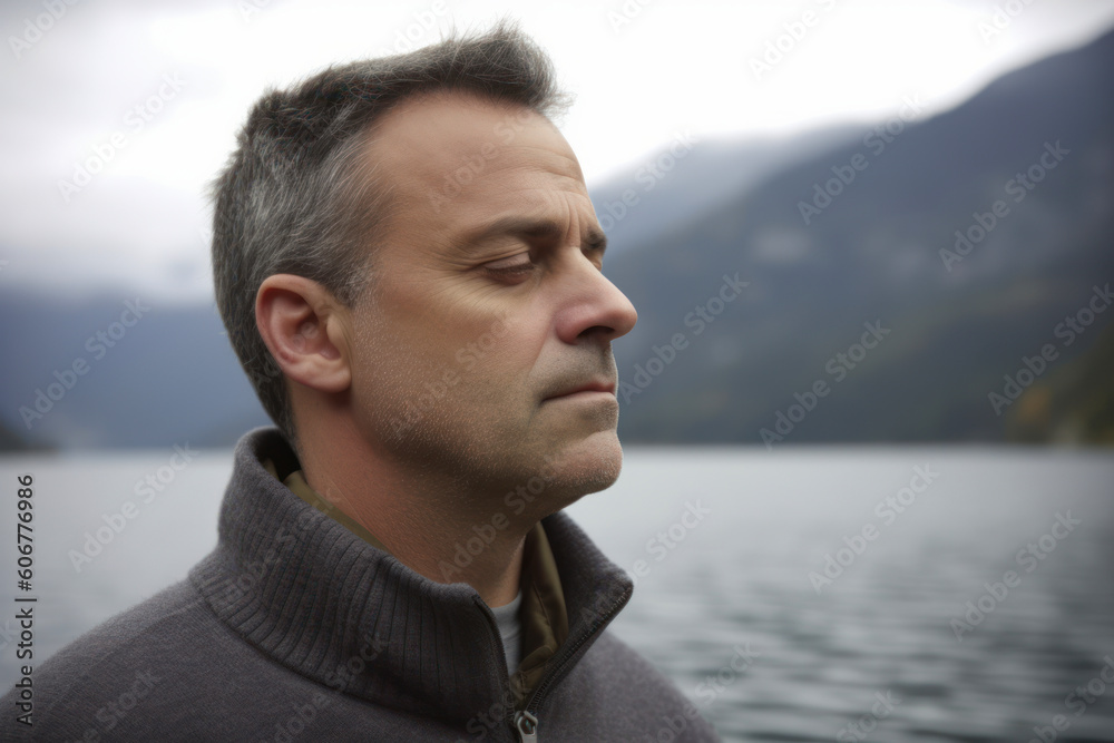 Portrait of a handsome middle-aged man looking at the lake Portrait of a handsome middle-aged man looking at the lake