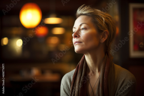 Portrait of a beautiful woman with closed eyes in a cafe.