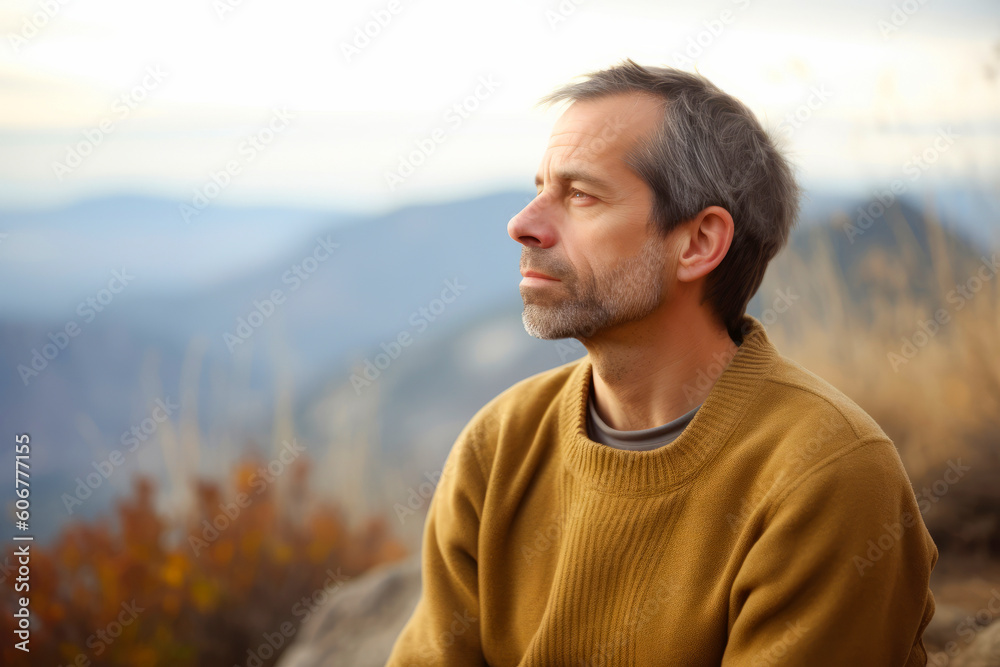 Handsome middle aged man with beard in yellow sweater sitting on top of mountain and looking away. Handsome middle aged man with beard in yellow sweater sitting on top of mountain and looking away.