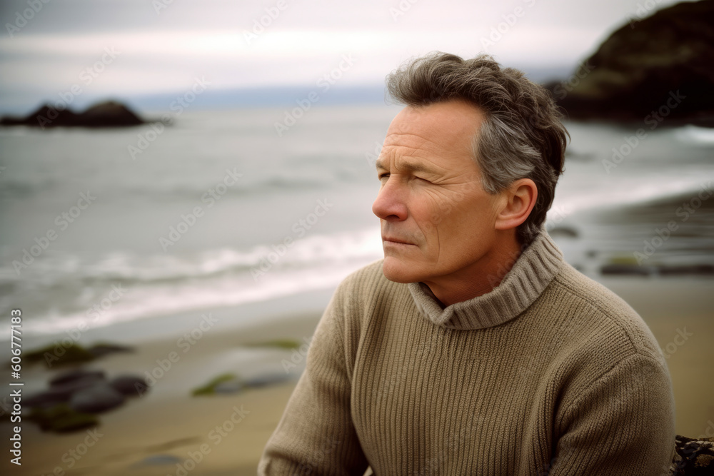 Mature man sitting on the beach looking at the sea in autumn