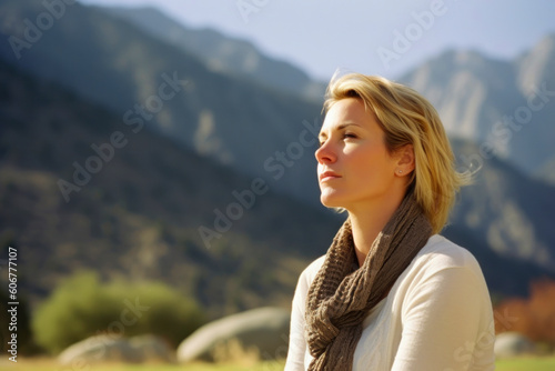 Portrait of a young beautiful woman in the mountains at sunset.