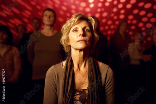 Portrait of senior woman looking away while standing in front of audience
