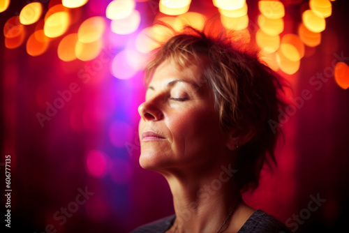 Portrait of a beautiful middle-aged woman with closed eyes against a background of bokeh © Leon Waltz