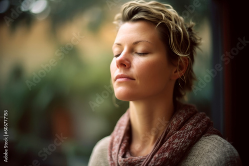 Medium shot portrait photography of a woman in her 30s practicing mindfulness sophrology relaxation   stress-reduction wearing a cozy sweater against a film set or hollywood background