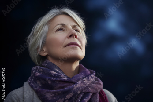 Portrait of a beautiful senior woman with short blond hair and scarf