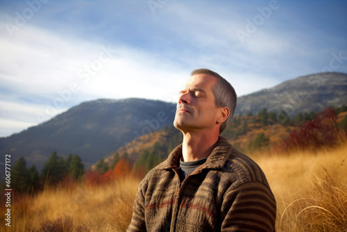 Handsome man in the autumn mountains. Outdoor portrait of a man.