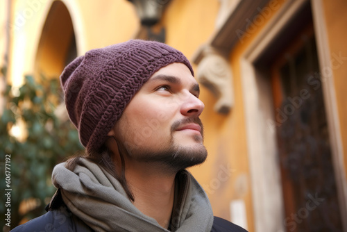 Portrait of a young handsome man in hat and scarf on the street © Hanne Bauer