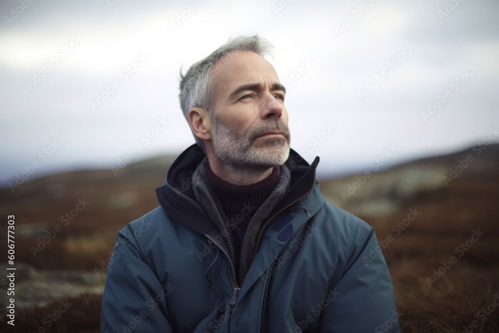 Handsome mature man with grey hair, wearing blue jacket, standing in the mountains. Handsome mature man with grey hair, wearing blue jacket, standing in the mountains.