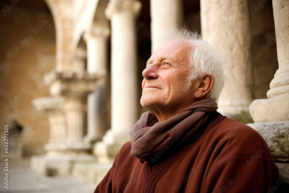 Naklejka premium Portrait of a senior man in the courtyard of an old castle
