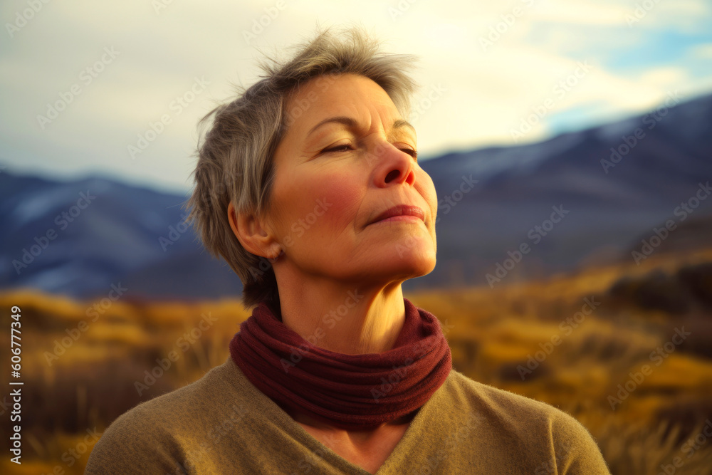 Portrait of senior woman with short hair on blurred background of mountains Portrait of senior woman with short hair on blurred background of mountains