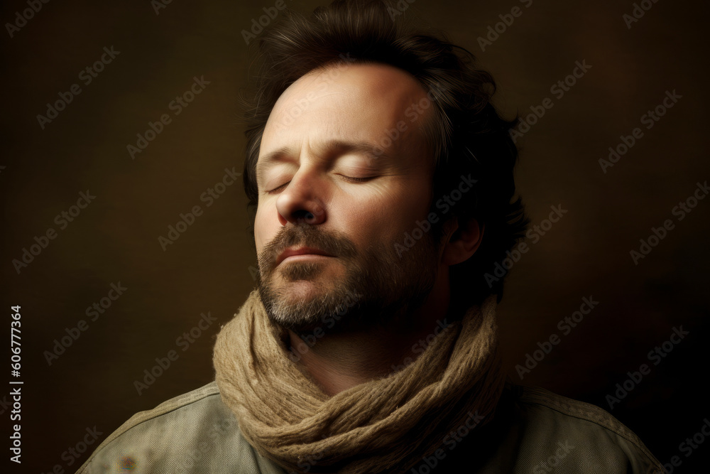 Portrait of handsome man with closed eyes and scarf on dark background Portrait of handsome man with closed eyes and scarf on dark background
