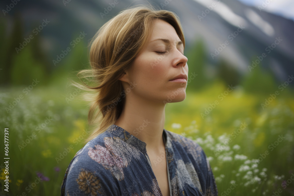 Beautiful young woman with closed eyes and closed eyes on the background of the mountains - obrazy, fototapety, plakaty 