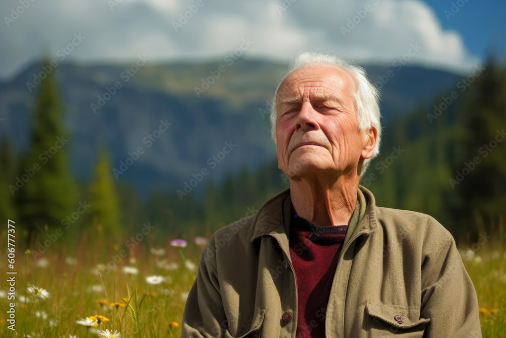 Portrait of a senior man sitting on a meadow in the mountains