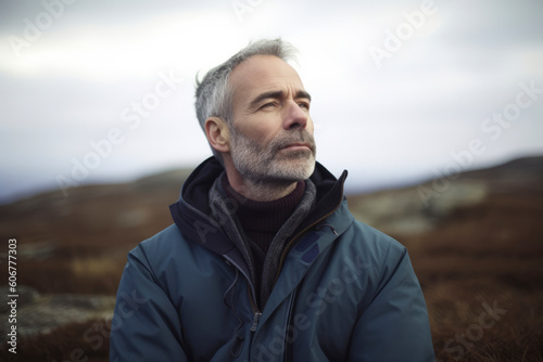 Handsome mature man with grey hair, wearing blue jacket, standing in the mountains.