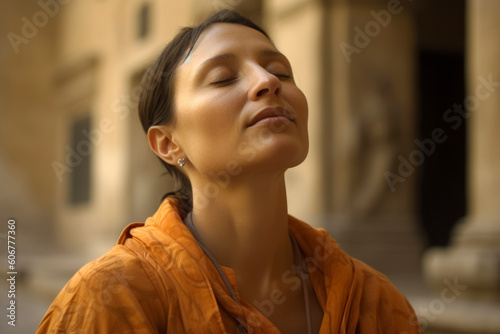 Portrait of a beautiful young woman with closed eyes in Rome, Italy