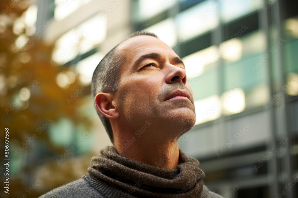 Medium shot portrait photography of a man in his 40s practicing mindfulness sophrology relaxation & stress-reduction wearing a cozy sweater against a modern architectural background Medium shot portrait photography of a man in his 40s practicing mindfulness sophrology relaxation & stress-reduction wearing a cozy sweater against a modern architectural background
