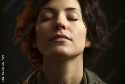 Portrait of beautiful young woman with closed eyes, on dark background
