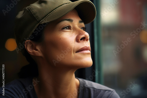 Portrait of a beautiful young woman in cap and t-shirt looking away © Anne-Marie Albrecht