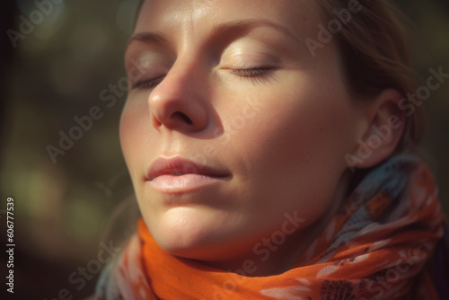 Portrait of a beautiful young woman with closed eyes and a scarf