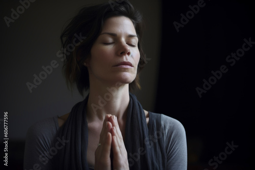 Young woman praying with closed eyes in dark room. Focus on hands