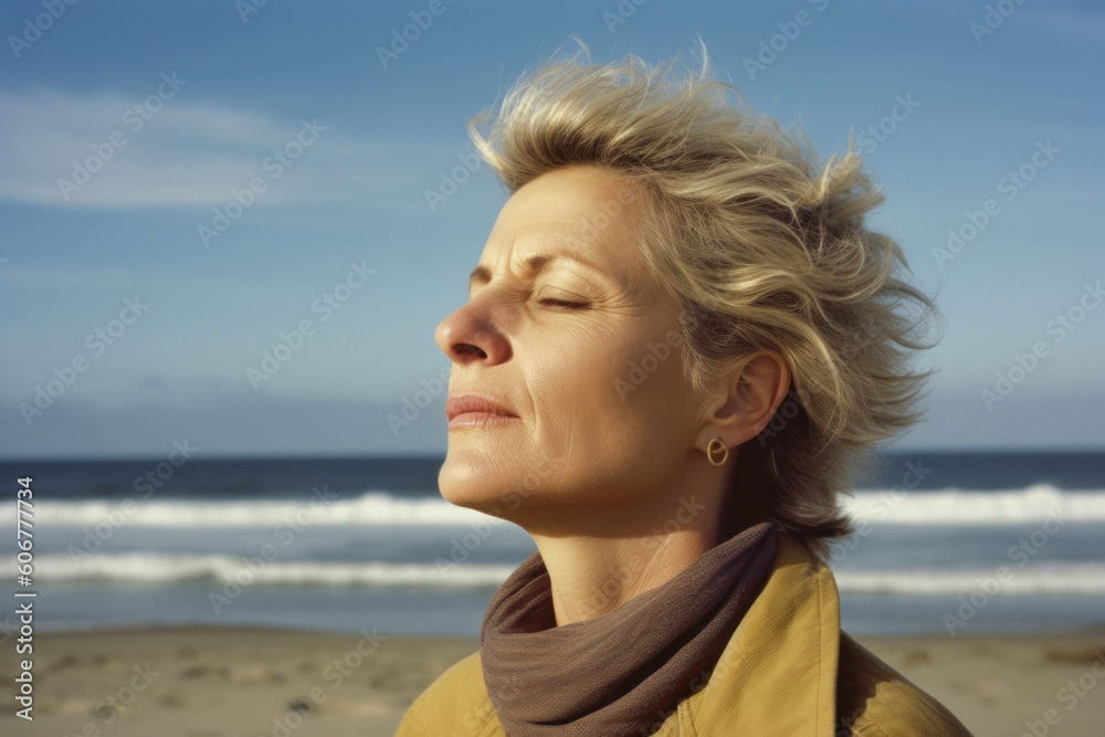Portrait Of Mature Woman Relaxing On Beach, Looking Away Portrait Of Mature Woman Relaxing On Beach, Looking Away