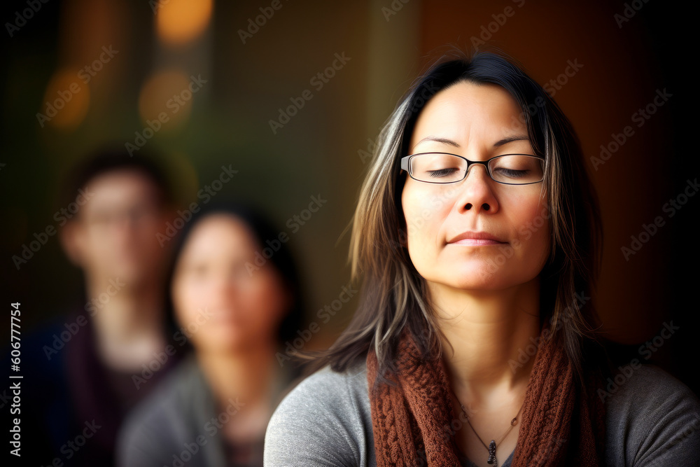 Group portrait photography of a woman in her 40s practicing mindfulness sophrology relaxation & stress-reduction wearing a cozy sweater against an office or corporate background