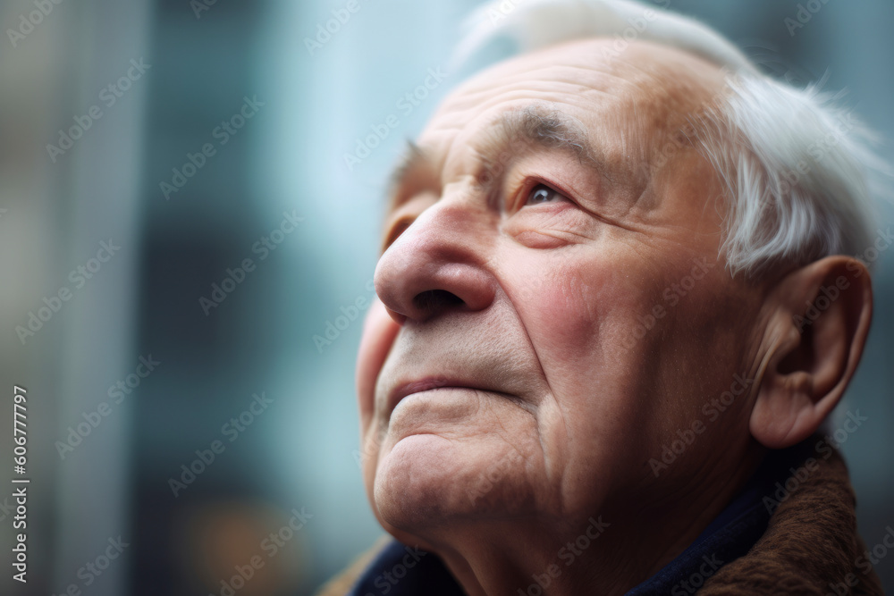 Portrait of an elderly man in the background of the city.