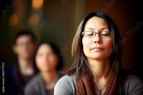 Group portrait photography of a woman in her 40s practicing mindfulness sophrology relaxation & stress-reduction wearing a cozy sweater against an office or corporate background