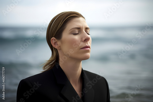 Young business woman on the beach looking into the distance with eyes closed © Eber Braun