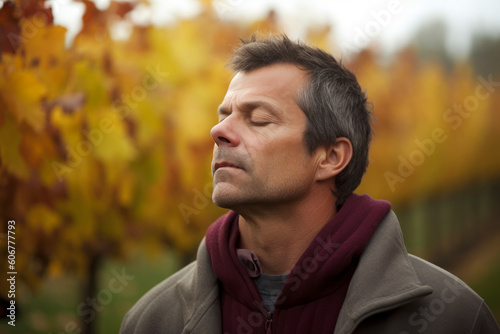 Portrait of a handsome mature man in an autumn park, looking away