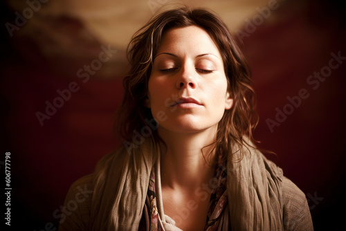 Medium shot portrait photography of a woman in her 30s practicing mindfulness sophrology relaxation & stress-reduction wearing a chic cardigan against an abstract background