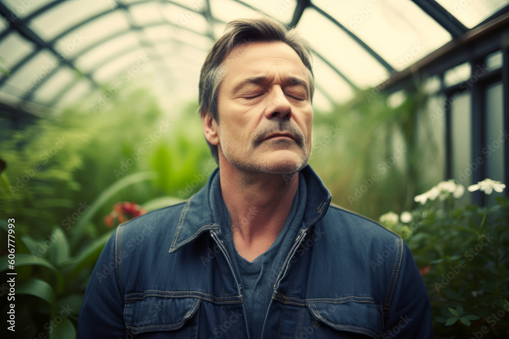 Portrait of a mature man in a greenhouse looking sad and depressed Portrait of a mature man in a greenhouse looking sad and depressed