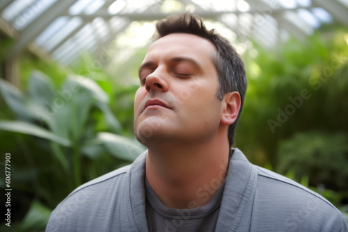 Close up portrait of a young man with eyes closed looking away in a greenhouse