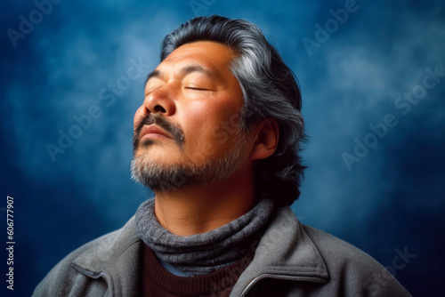 Handsome asian man with gray hair and beard in a gray sweatshirt against a blue background