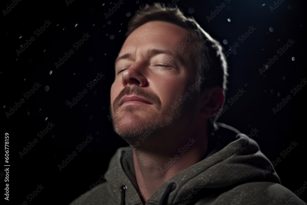 Portrait of a man with closed eyes on a black background. Portrait of a man with closed eyes on a black background.