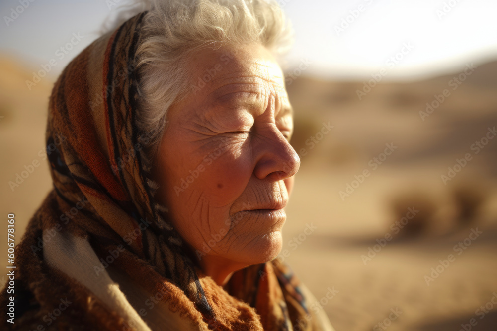 Portrait of an elderly woman in the desert of Dubai, UAE