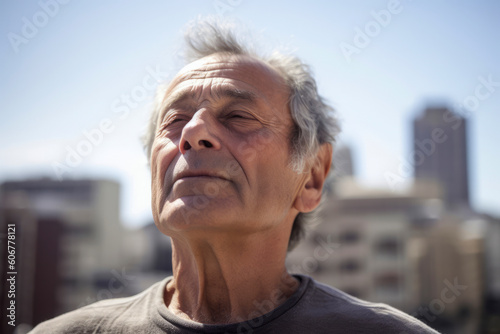 Portrait of senior man with eyes closed in urban environment. Side view.