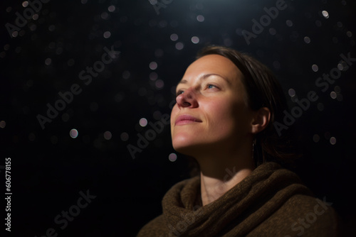 Portrait of a young woman on a dark background with bokeh
