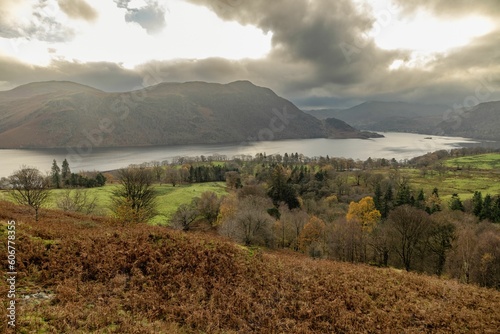 Misty scene overlooking Ullswater in the Lake District from the top of Gowbarrow, UK photo